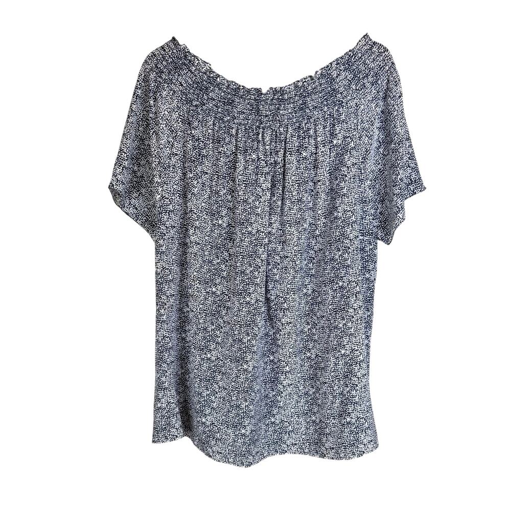 Rungolee Gray & White Print Center Stripe Smocked Off the Shoulder Mini Dress - Picture 9 of 12